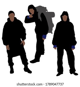 Three vector male silhouettes. Tourists guys hiking gear. A boy with a shoulder backpack. Guys in a raincoat and a jacket with a hood. Isolated on white in various poses. Active, healthy lifestyle
