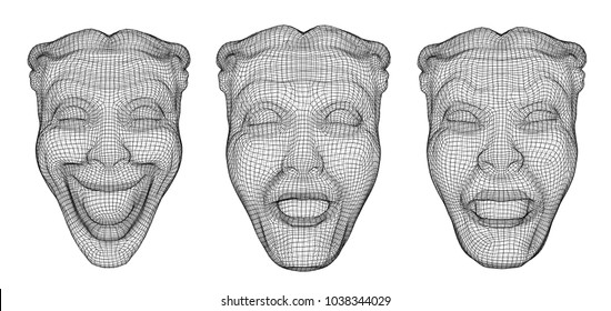 three vector masks of theatrical emotions isolated on white background
