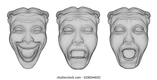 three vector masks of theatrical emotions isolated on white background