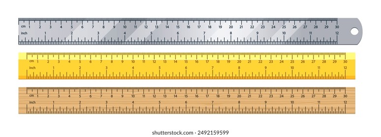 Three Vector Measuring Rulers Made From Metal, Plastic, Wood. Each Ruler Features Both Centimeter And Inch Measurements