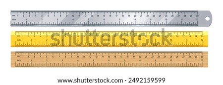 Three Vector Measuring Rulers Made From Metal, Plastic, Wood. Each Ruler Features Both Centimeter And Inch Measurements