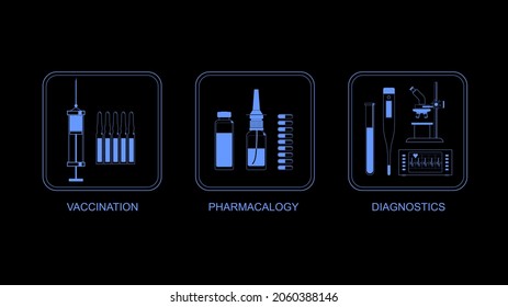 Three vector, medical pictograms: vaccination, pharmacology, diagnosis.