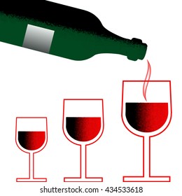 Three vector minimalist red flat glasses of wine, lined up in ascending order, on a white background with green bottle of wine.