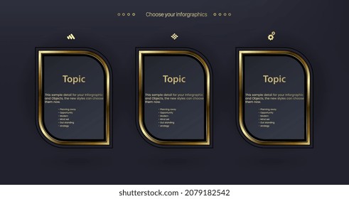 THREE Vector multipurpose Infographic template with four elements options with premium golden version on a dark background and 3 golden infochart template with luxury golden icons.eps
