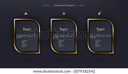 THREE Vector multipurpose Infographic template with four elements options with premium golden version on a dark background and 3 golden infochart template with luxury golden icons.eps
