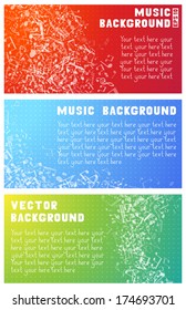 Three vector music banners. Set of white music elements on red, blue and green backgrounds. Music abstract wave of notes and treble clefs. EPS 10. 