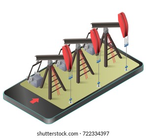 Three vector oil extraction pumps in mobile phone in isometric perspective. Oil well industry production, oilfield equipment in communication technology. Isolated illustration on white background.