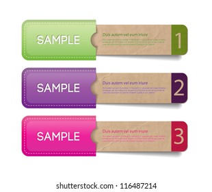 Three vector old vintage paper textured tags / labels / banners in the pockets, one two three steps