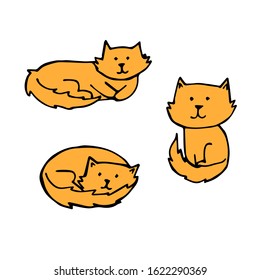 three vector orange cats. children's drawing of a sitting, lying and hiding cat.