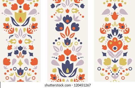 Three vector ornamental folk tulips vertical seamless patterns ornaments background with ornamental tulip silhouettes.