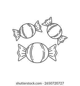 Três ilustrações de contorno vetorial de doces envoltos, apresentando formas redondas com bordas enrugadas do invólucro. Ideal para ícones de comida, celebrações ou projetos doces.