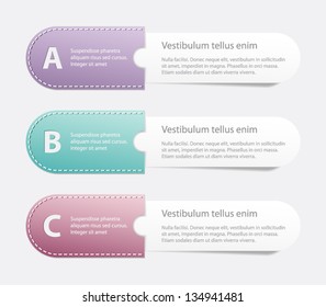 Three vector paper tags / banners in sewn pocket for infographics, progress design, business, step presentation, reports, number options or workflow layout