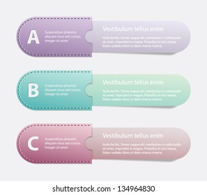 Three vector paper tags / banners in sewn pocket for infographics, progress design, business, step presentation, reports, number options or workflow layout