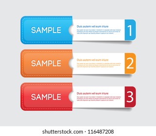 Three vector paper tags / labels / banners in the pockets, one two three steps