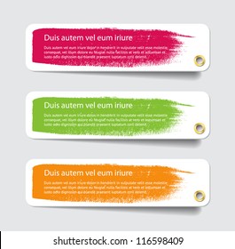 Three vector paper tags / labels / banners / stickers with hand painted brush strokes and metallic holes