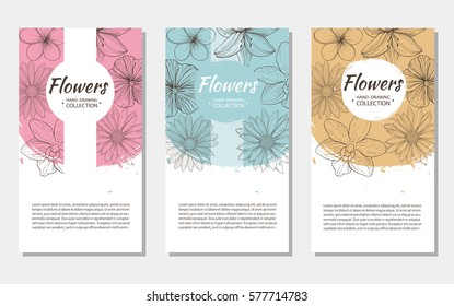 Three vector pattern booklets, flyers, brochures with hand sketches of different flowers. Floral design background advertising