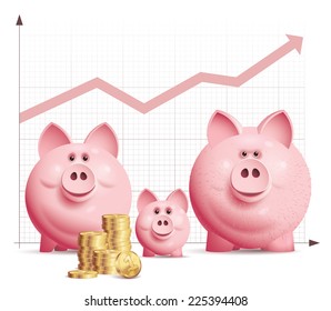 Three vector piggy bank with a pile of coins and chart. Eps10. Used transparency effects. CMYK. Organized by layers. Global colors. Gradients used.