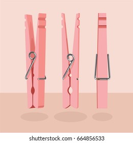 Three Vector Pink wooden cloth pegs pin clothespin on light background  