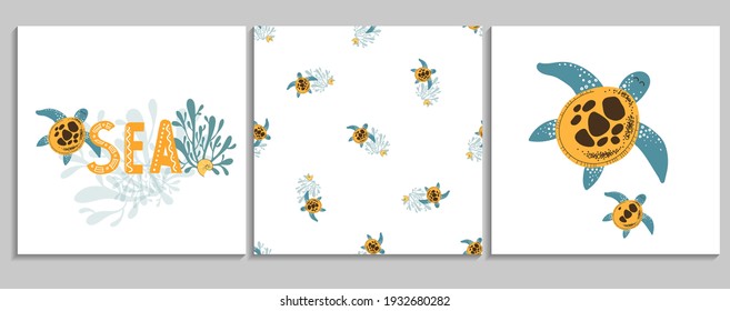 Three Vector posters with hand-drawn turtle on a white background. Seamless pattern with turtle, seaweed, seashell. Design elements for t-shirts, bags, cards, stickers, fabric, print, textile
