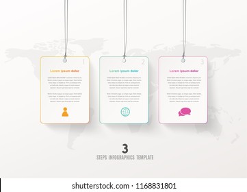 Three vector progress steps illustration with hanging cards,  icons and place for your company text.