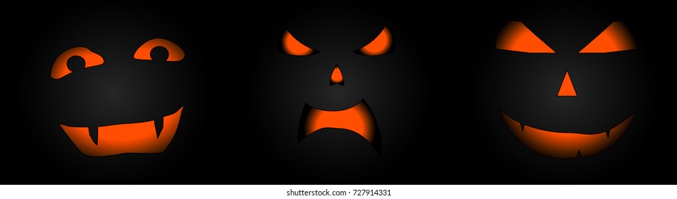 three vector pumpkins face on a dark background
