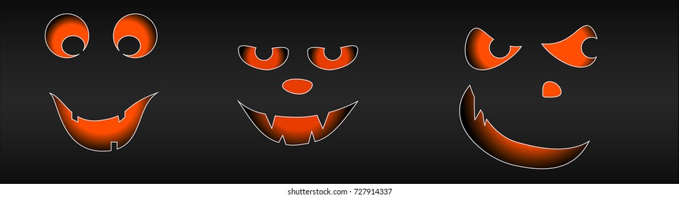 three vector pumpkins face on a dark background
