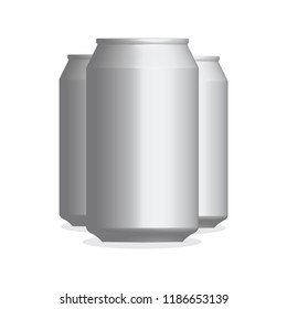 Three vector realistic 3d aluminum cans. Realistic metal cans of beer and soda beverages for presentation, cover or mockup design. 
