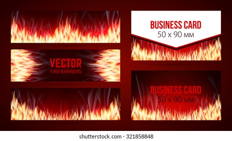 Three vector realistic horizontal banners and two business cards with fire background on a dark red background