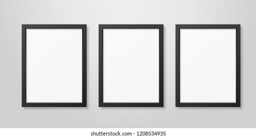 Three Vector Realistic Modern Interior Black Blank Vertical A4 Wooden Poster Picture Frame Set Closeup on White Wall Mock-up. Empty Poster Frames Design Template for Mockup, Presentation