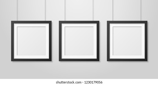 Three Vector Realistic Modern Interior Black Blank Square Wooden Poster Picture Frame Set Hanging on the Ropes on White Wall Mock-up. Empty Poster Frames Design Template for Mockup, Presentation