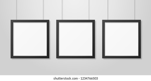 Three Vector Realistic Modern Interior Black Blank Square Wooden Poster Picture Frame Set Hanging On The Ropes On White Wall Mock-up. Empty Poster Frames Design Template For Mockup, Presentation