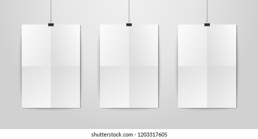 Three Vector Realistic White Blank Vertical A4 Folded Paper Poster Hanging on a Rope with Binder Clip Set on White Wall mock-up. Empty Poster Design Template for Graphics, Mockup