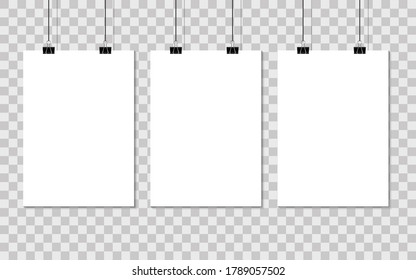 Three Vector Realistic White Blank Vertical A4 Paper Poster Hanging on a Rope with Binder Clip Set on White Wall mock-up.