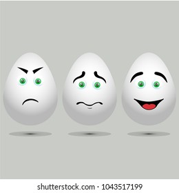 Three vector realistic white eggs. Isolated eggs on grey background.Eggs with painted face. Sad and angry, happy faces.