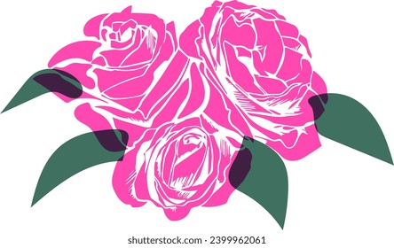 Three vector rose flowers with leaves riso print effect isolated on white background