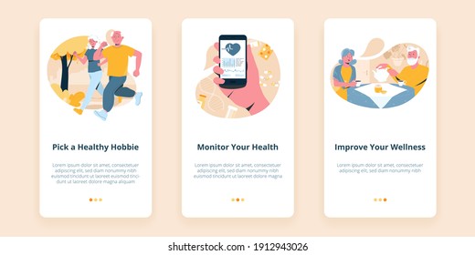 Three vector screens for mobile senior wellness app illustrating finding new hobbies, health monitoring and engaging in group activities. Modern lifestyles.