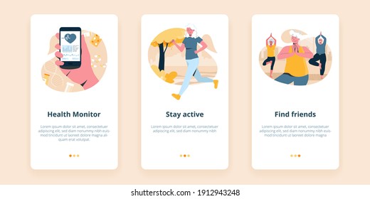 Tres pantallas vectoriales para aplicaciones móviles senior de bienestar que ilustran un monitoreo de la salud, la búsqueda de amigos y la participación en diferentes actividades. Estilos de vida modernos.