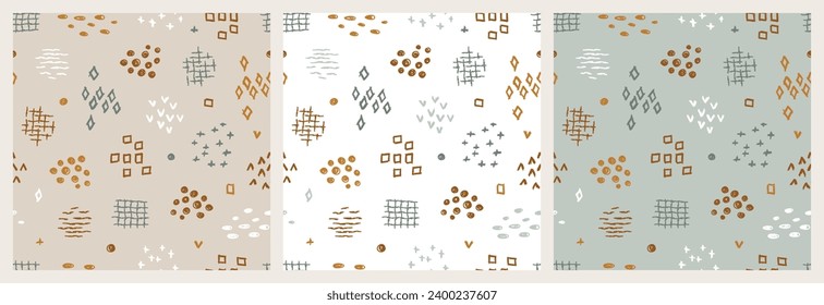 Three Vector Seamless Patterns of Hand Drawn Doodle Abstract Geometric Shapes.