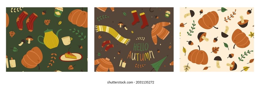 Three vector seamless patterns on the theme of autumn. Subject illustration: warm sweater, rubber boots, woolen socks, umbrella. Autumn harvest: mushrooms, pumpkin, autumn leaves, acorns. Illustration