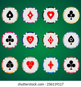 Three vector set poker chips and cards suits  on green background. EPS 10. 