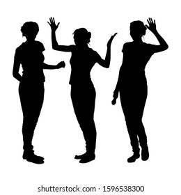 Three vector silhouettes of the same model in different poses. A young slender girl in full growth stands and gestures with a waving hand. Isolated, gesture of surprise, greetings, resentment.