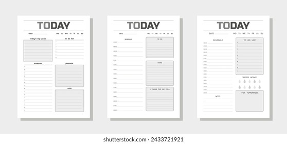 Three vector simple black and white daily planners in one modern style. Minimalist design of organizer schedule pages with to do list for today for effective planning