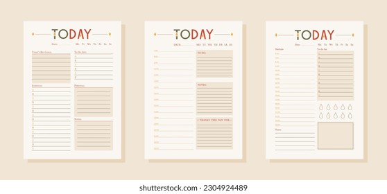 Three vector simple daily planners in one style. Minimalist design of organizer schedule pages with to do list for today for effective planning