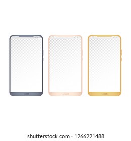The three vector smartphones in dark blue, pink rose and gold color isolated on white background. The transparent copy space screen