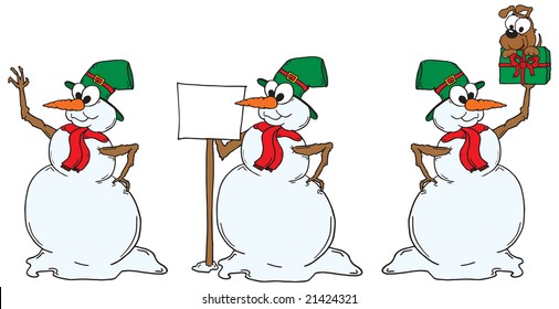 Three vector snowmen in various poses on white. Can be scaled to any size.