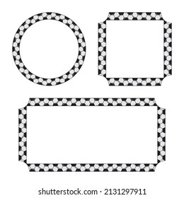 Three vector sport decorative black and gray square, round and rectangular geometric frames or borders on white background. Texture of hexagonal soccer ball with tips and rounded corner.