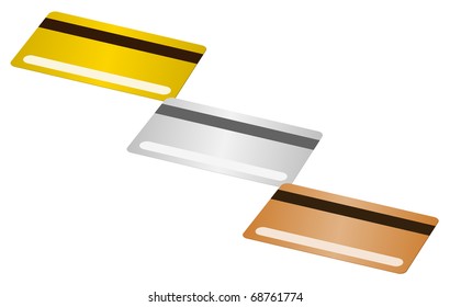 Three vector stylized credit cards of different color scale