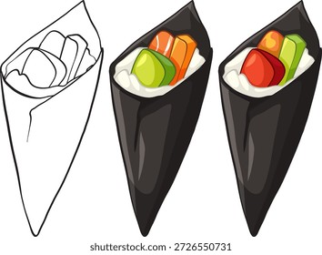 Tres rollos de mano de sushi de Vector presentados en estilos de dibujos animados de contorno, color plano y sombreados