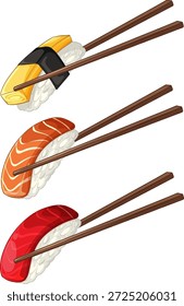 Drei Vektor-Sushi-Stücke, darunter Lachs, Thunfisch und Tamago, die von Stäbchen auf weißem Hintergrund gehalten werden