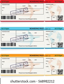 Three vector templates of boarding pass tickets. Concept of trip or travel